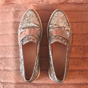 Kate Spade Silver Glitter Loafers